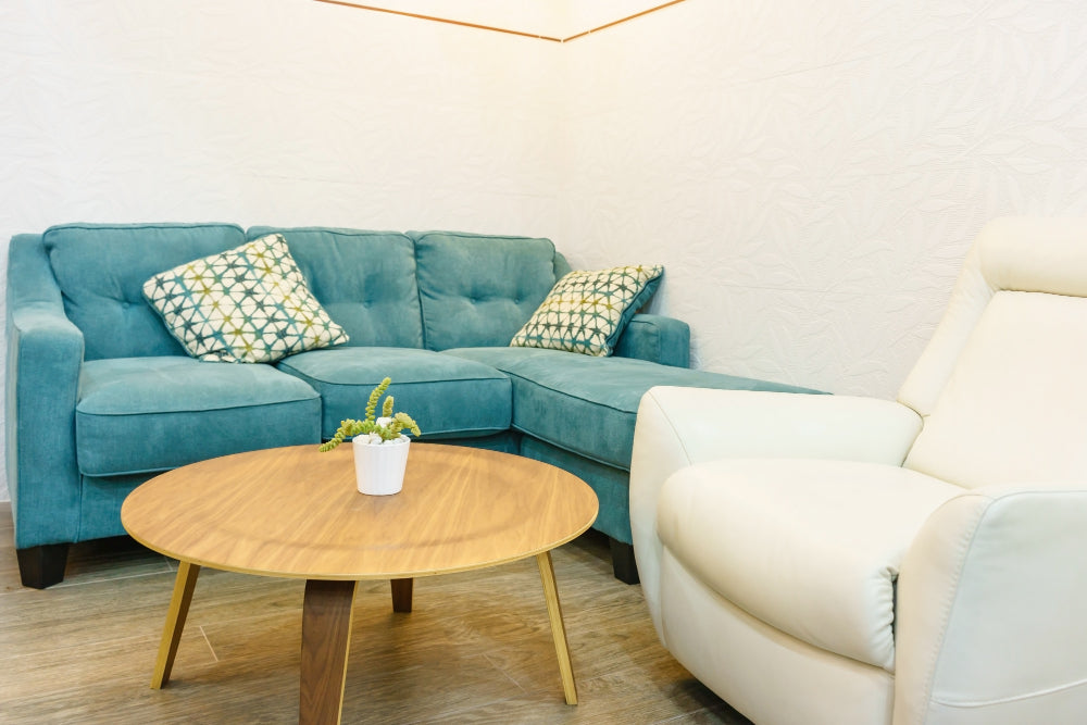 Sofa undergoing cushion and fabric refresh