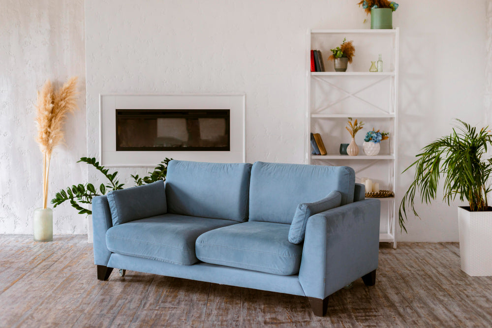 Japandi living room with low profile sofa and muted palette