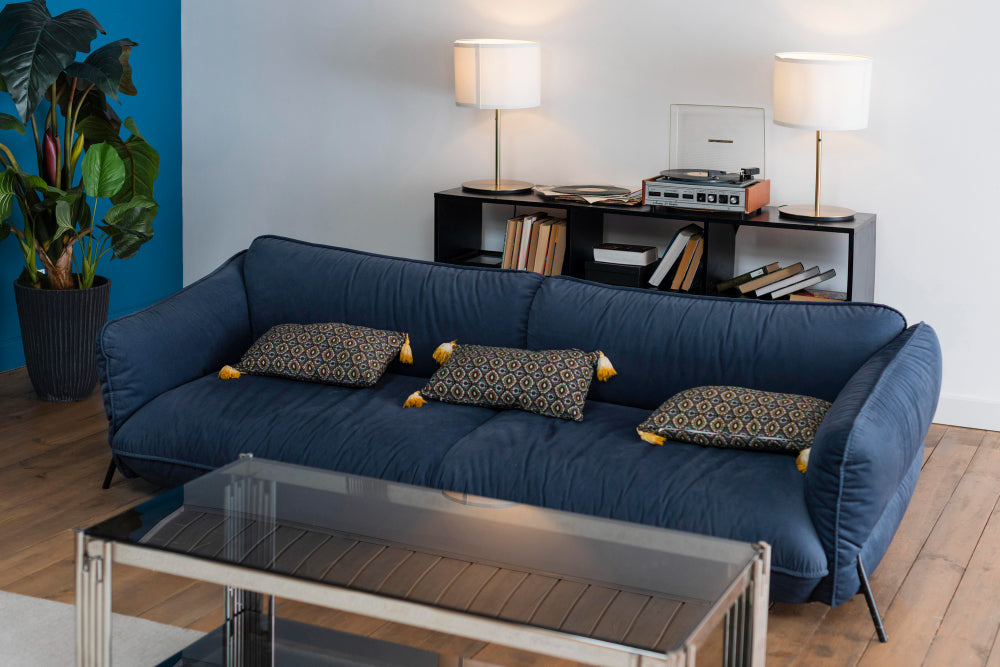 Linen-look beige 3-seat sofa in a bright room