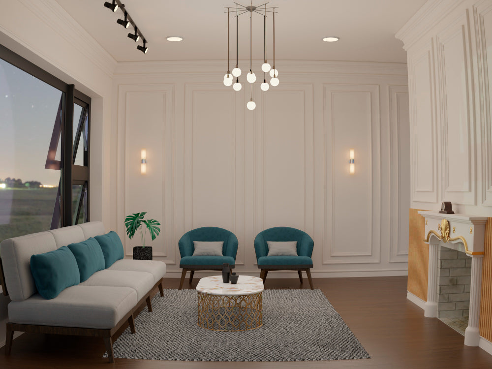 Square living room with diagonal furniture layout