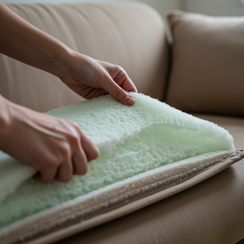 Close-up of sofa cushion being filled with soft foam material.