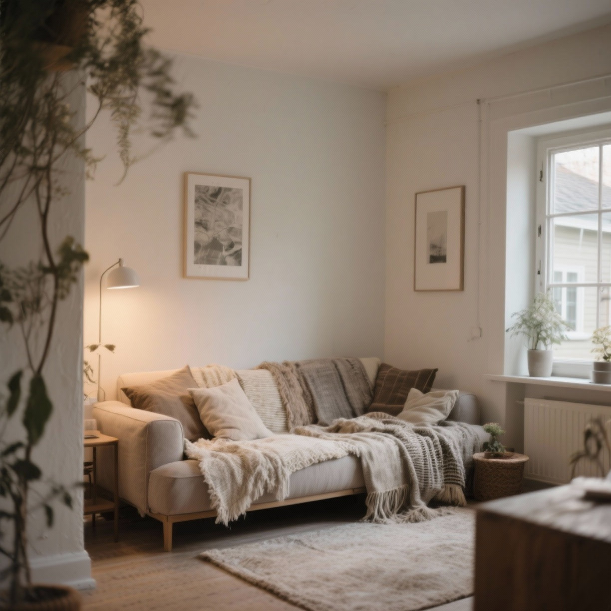  Cozy small living room with light neutral walls, compact sofa, and layered textures in a small house.