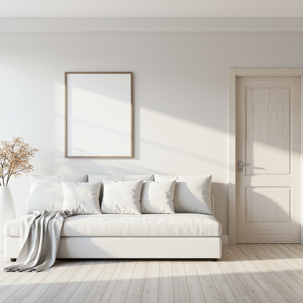 Minimalist living room with a white sofa, a wooden door, a large empty picture frame on the wall, and a vase of flowers in the corner illuminated by natural sunlight.
