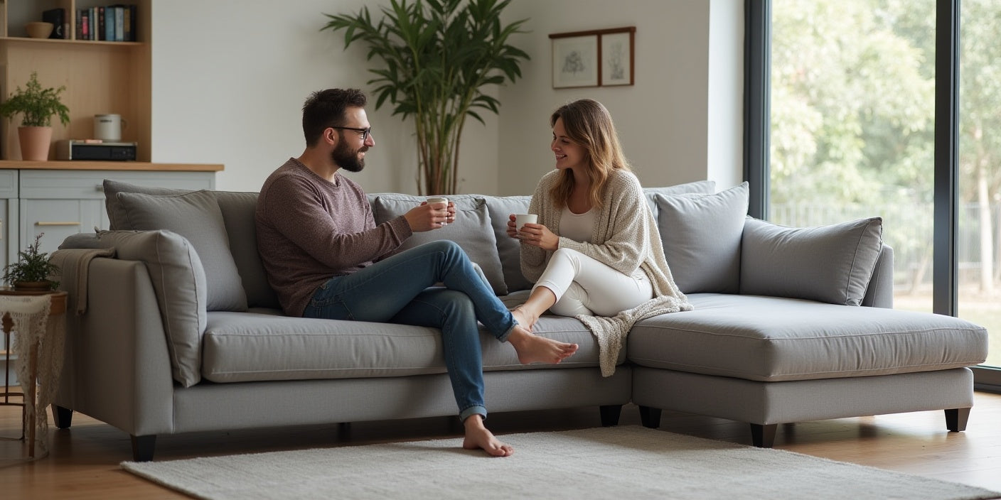 Modern couple enjoying coffee on a modular washable sofa, capturing the value question: Are washable sofas worth it