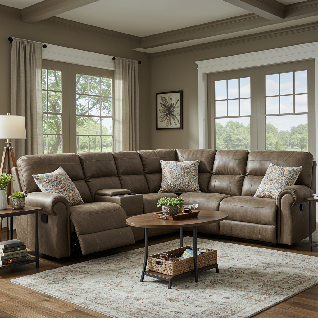 Modern sectional couch with recliners arranged in a cozy living room.