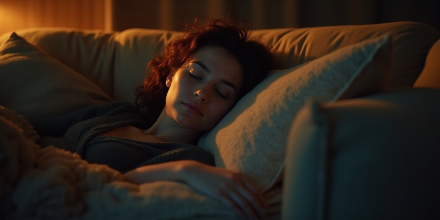 Tired person sleeping on a couch after a long day, surrounded by soft cushions in a warm living room.