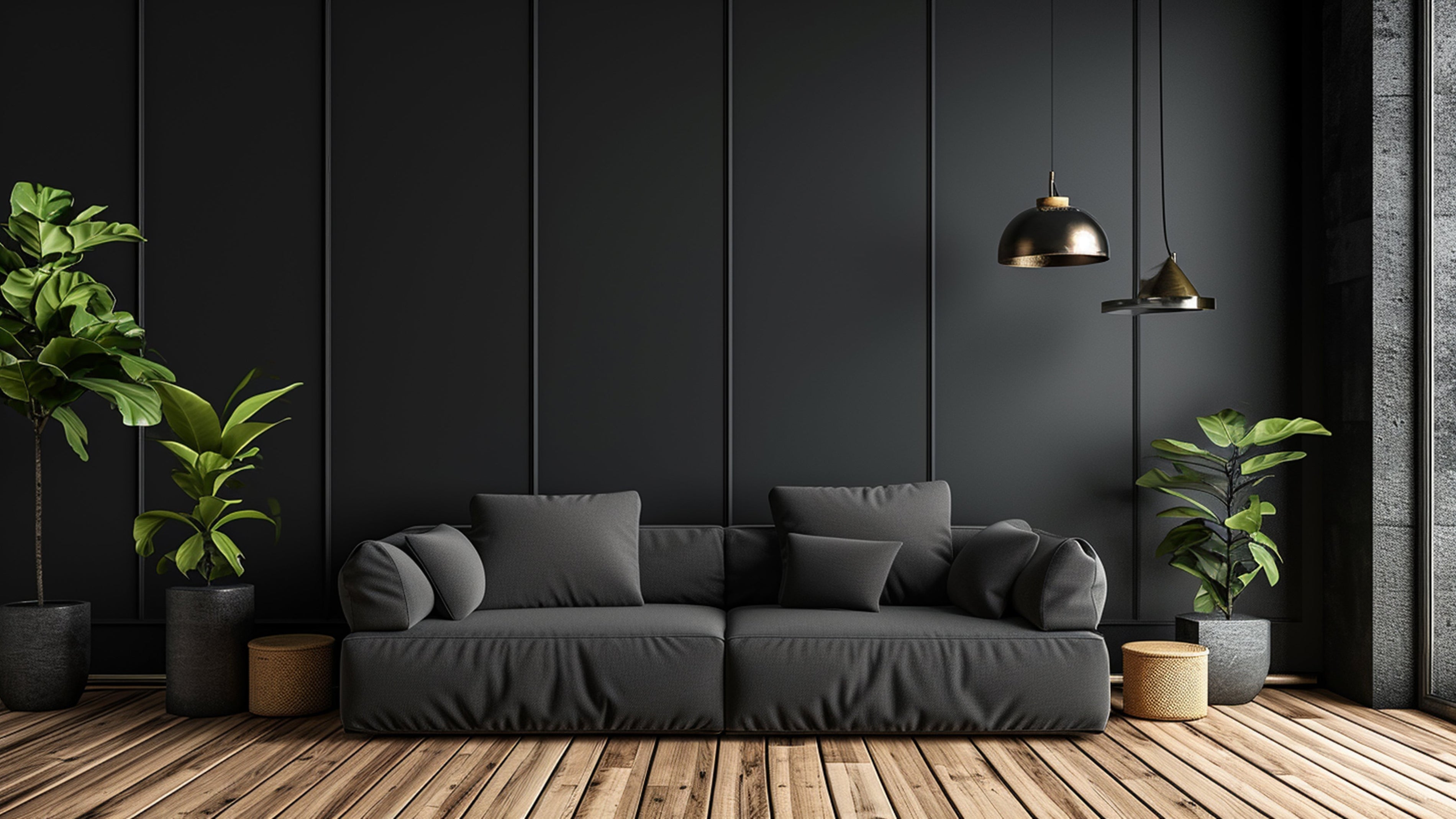 Minimalist living room with black sofa wooden floor plants and pendant lights
