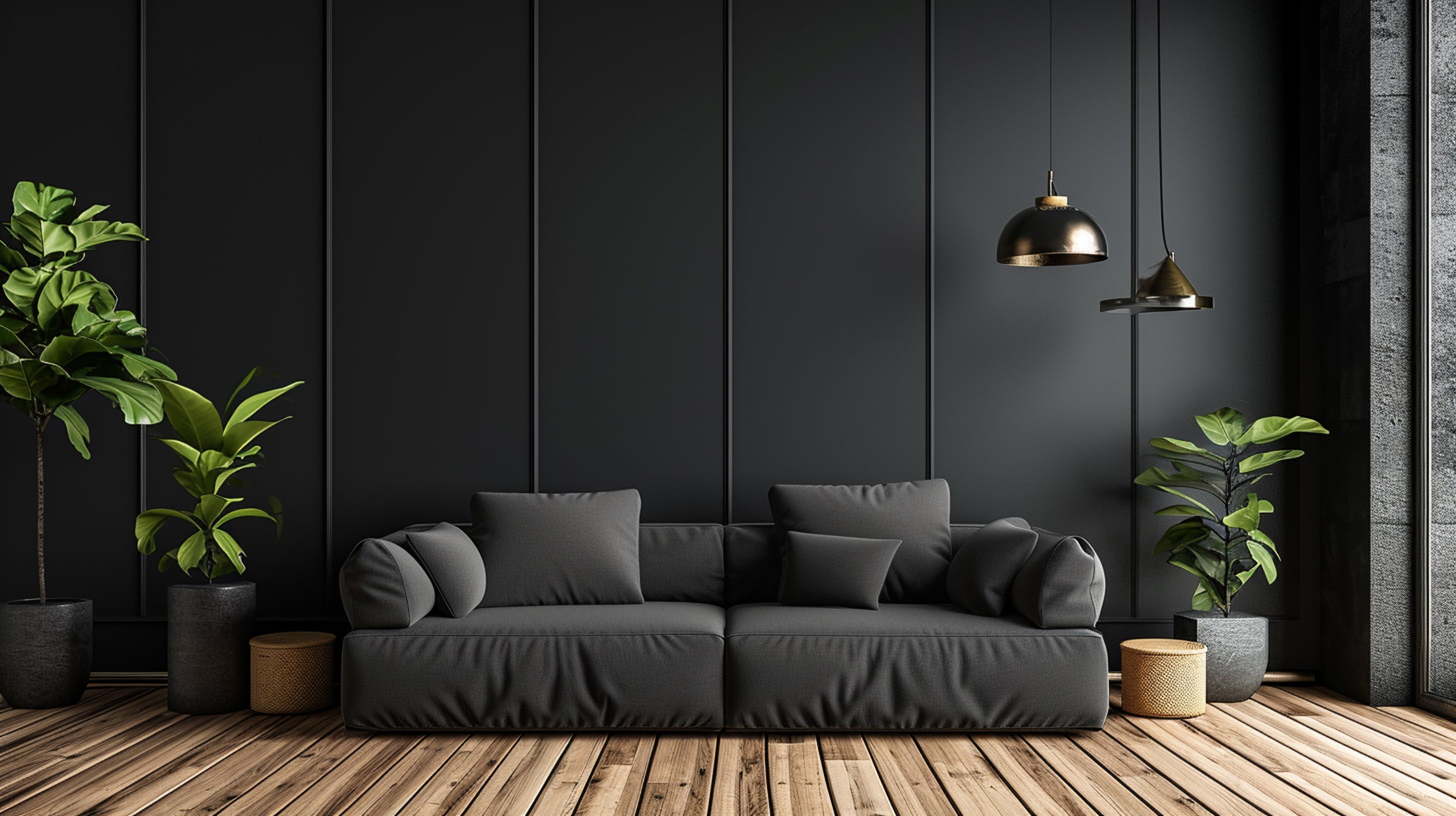 Minimalist living room with black sofa wooden floor plants and pendant lights