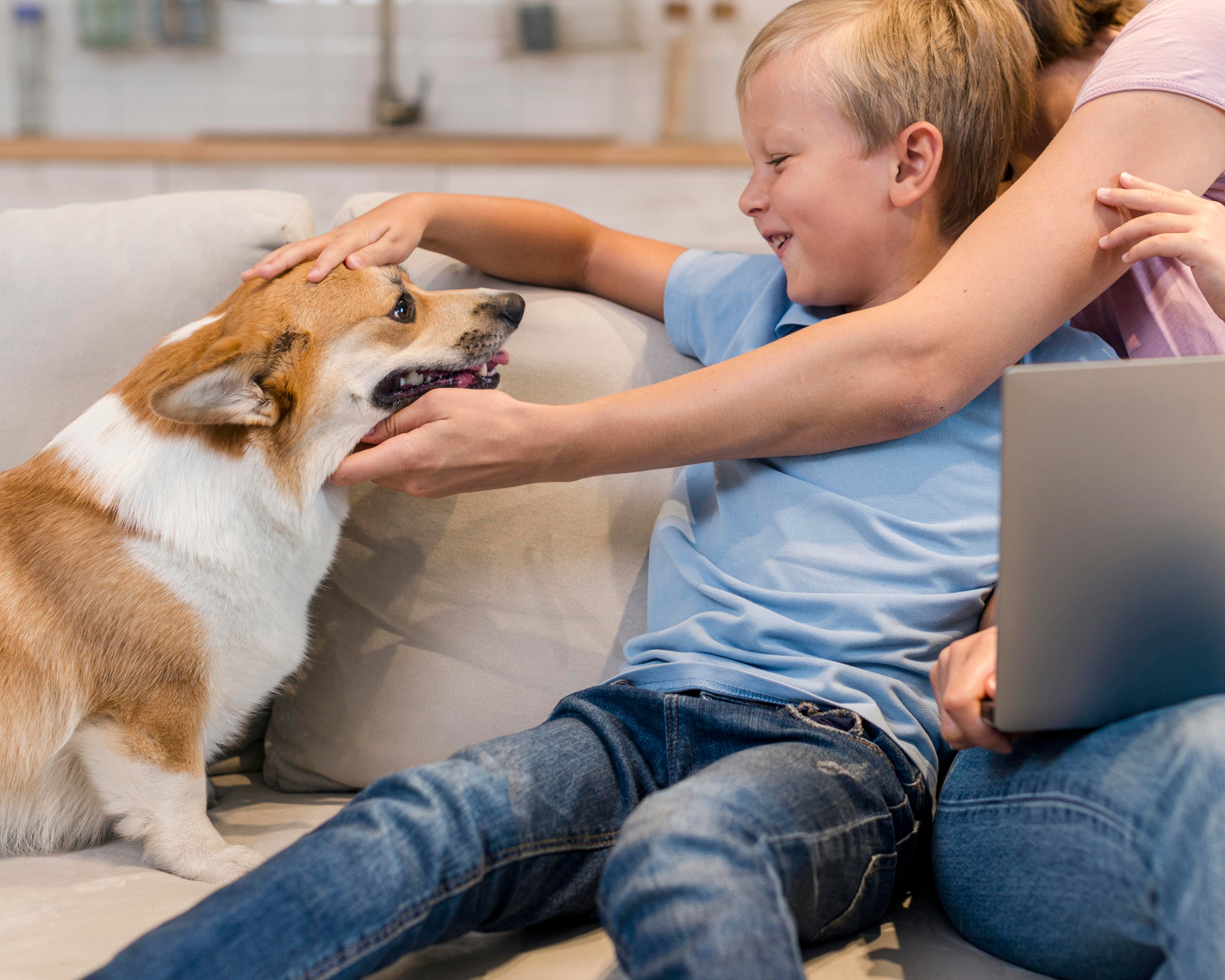 mother-son-petting-family-dog